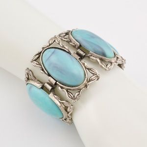 Vintage Karu Arke Faux Turquoise Panel Bracelet Silver Tone Mid-Century Bohemian